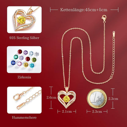 925 Sterling Silber Halskette Herz mit Zirkonia, Roségold, Geburtsstein-Option