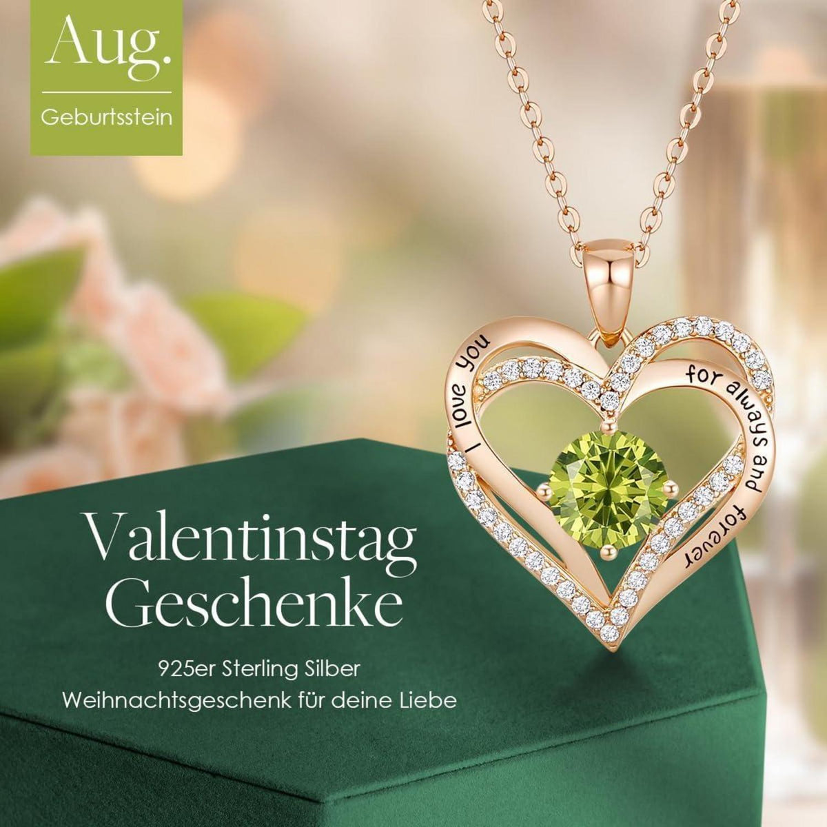 Herz Halskette 925 Sterling Silber Rosegold mit Geburtsstein und Zirkonia