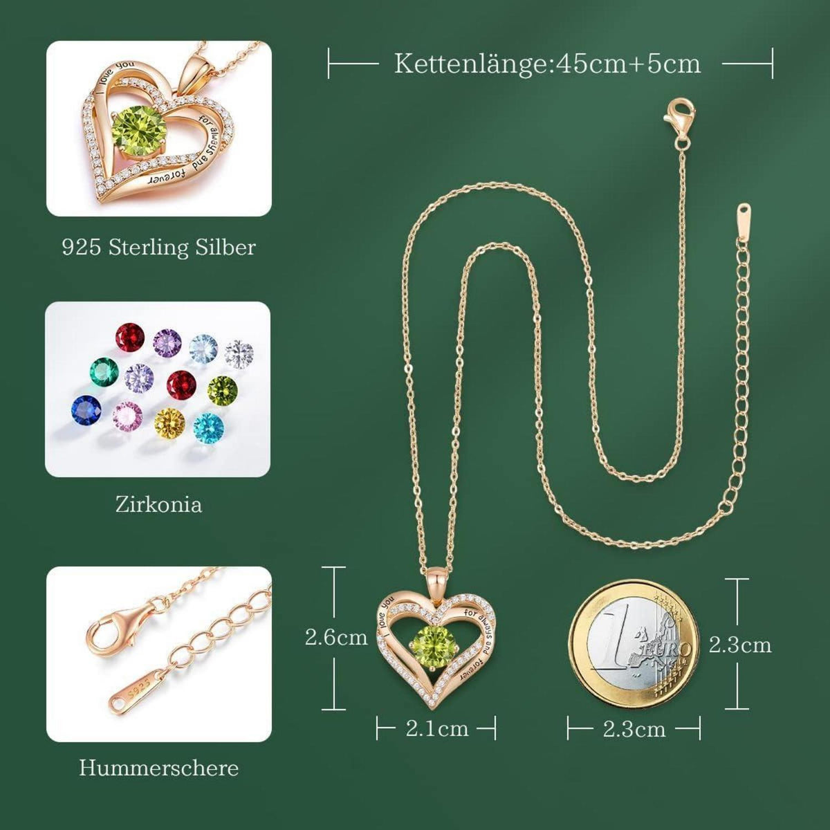 Herz Halskette 925 Sterling Silber Rosegold mit Geburtsstein und Zirkonia