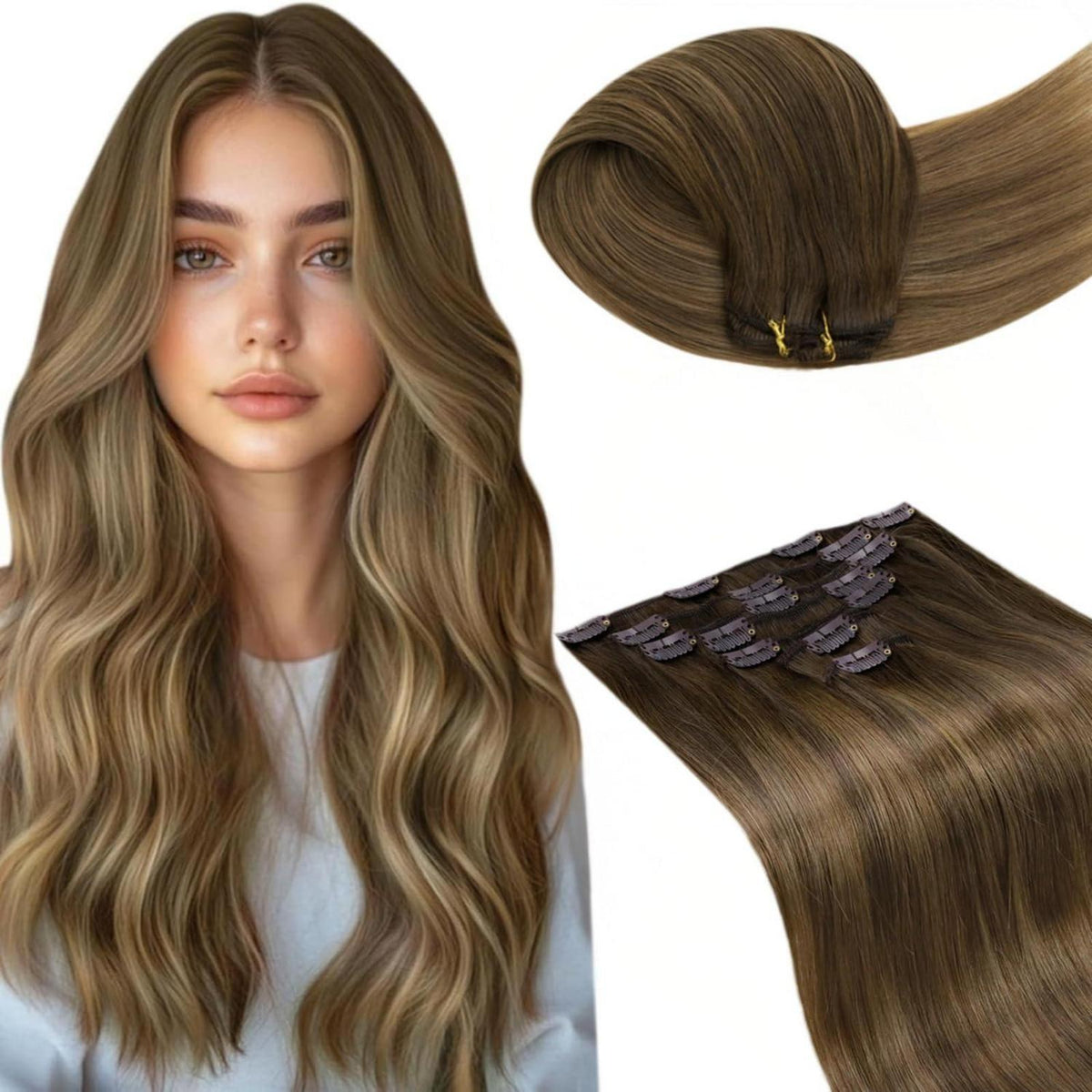 Echthaar Clip-Ins Aschblond mit Beigeton – 35cm