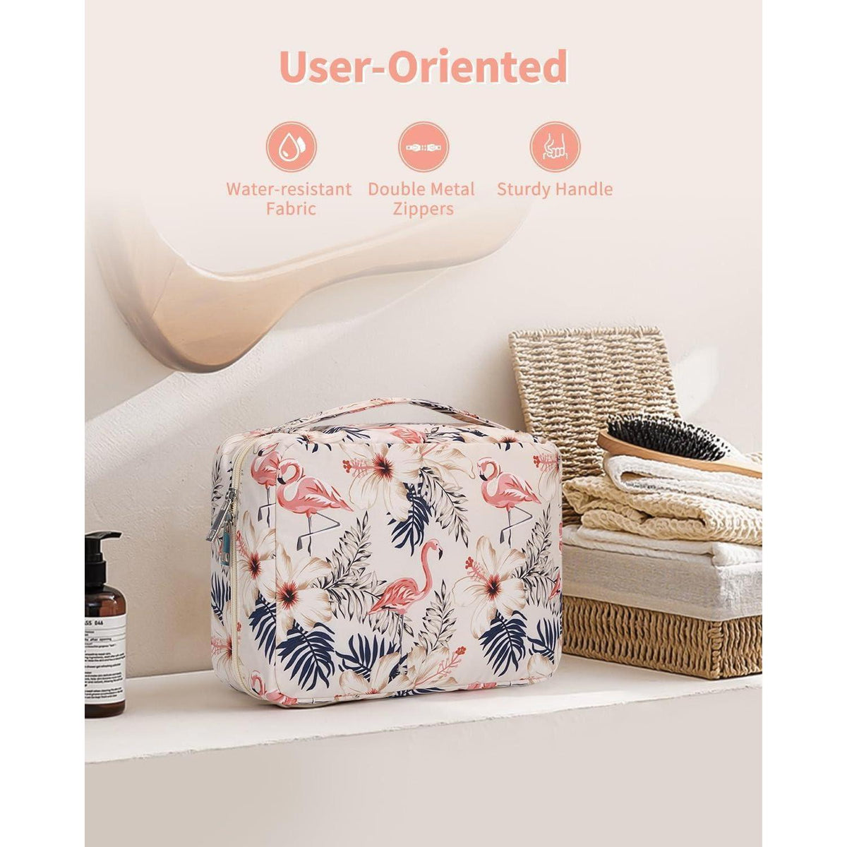 Kulturtasche zum Aufhängen mit Haken, Beige Flamingo