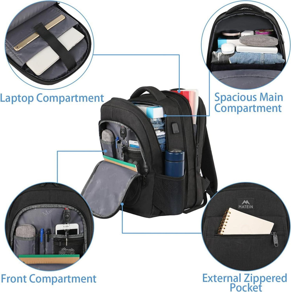MATEIN Großer Laptop Rucksack 15,6 Zoll USB Schwarz