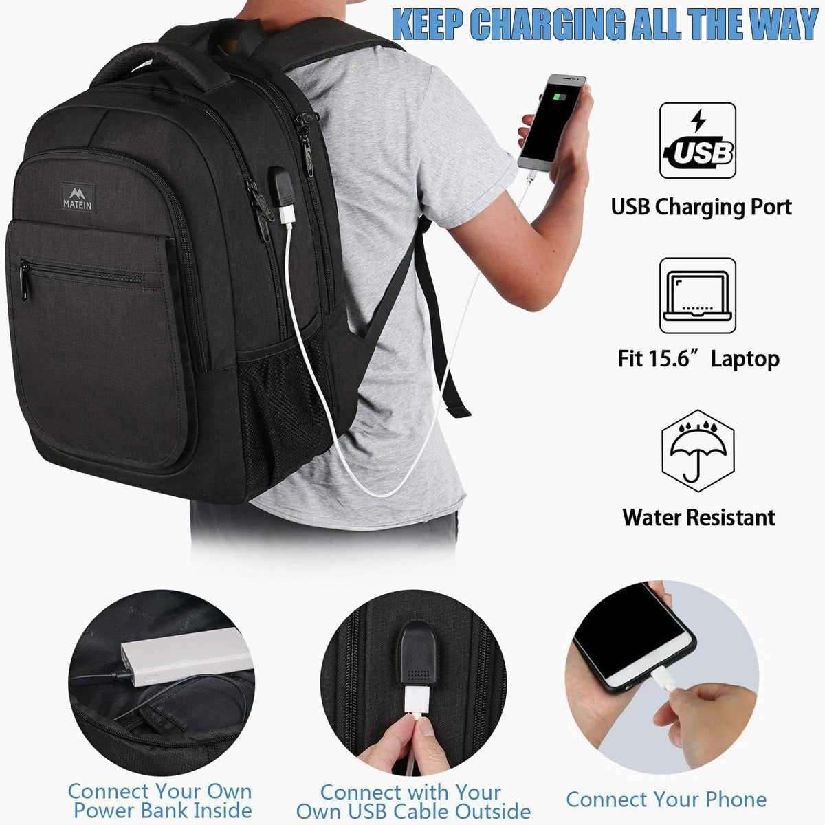 Groß Erweiterbarer Laptop Rucksack mit USB Ladeanschluss, Schwarz