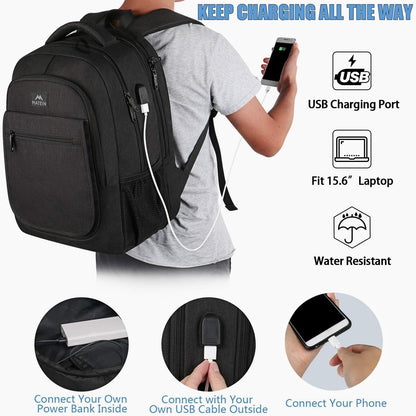 Groß Erweiterbarer Laptop Rucksack mit USB Ladeanschluss, Schwarz