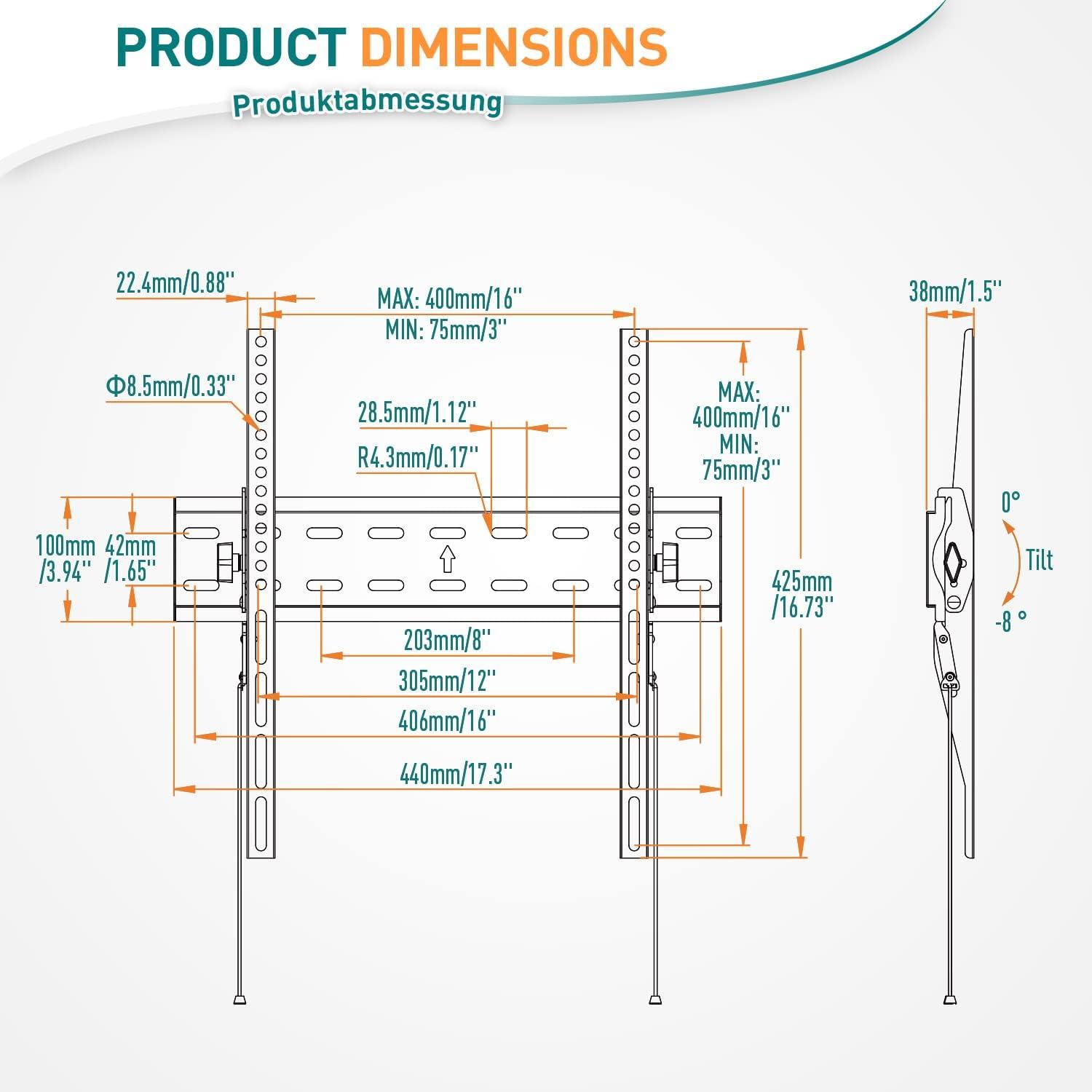 TV Wandhalterung Neigbar für 26-60 Zoll Flach & Curved Bildschirme bis 45kg VESA 400x400mm