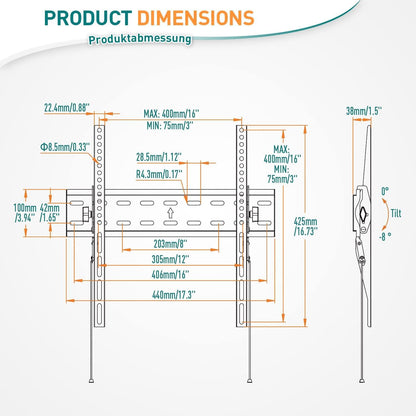 TV Wandhalterung Neigbar für 26-60 Zoll Flach & Curved Bildschirme bis 45kg VESA 400x400mm