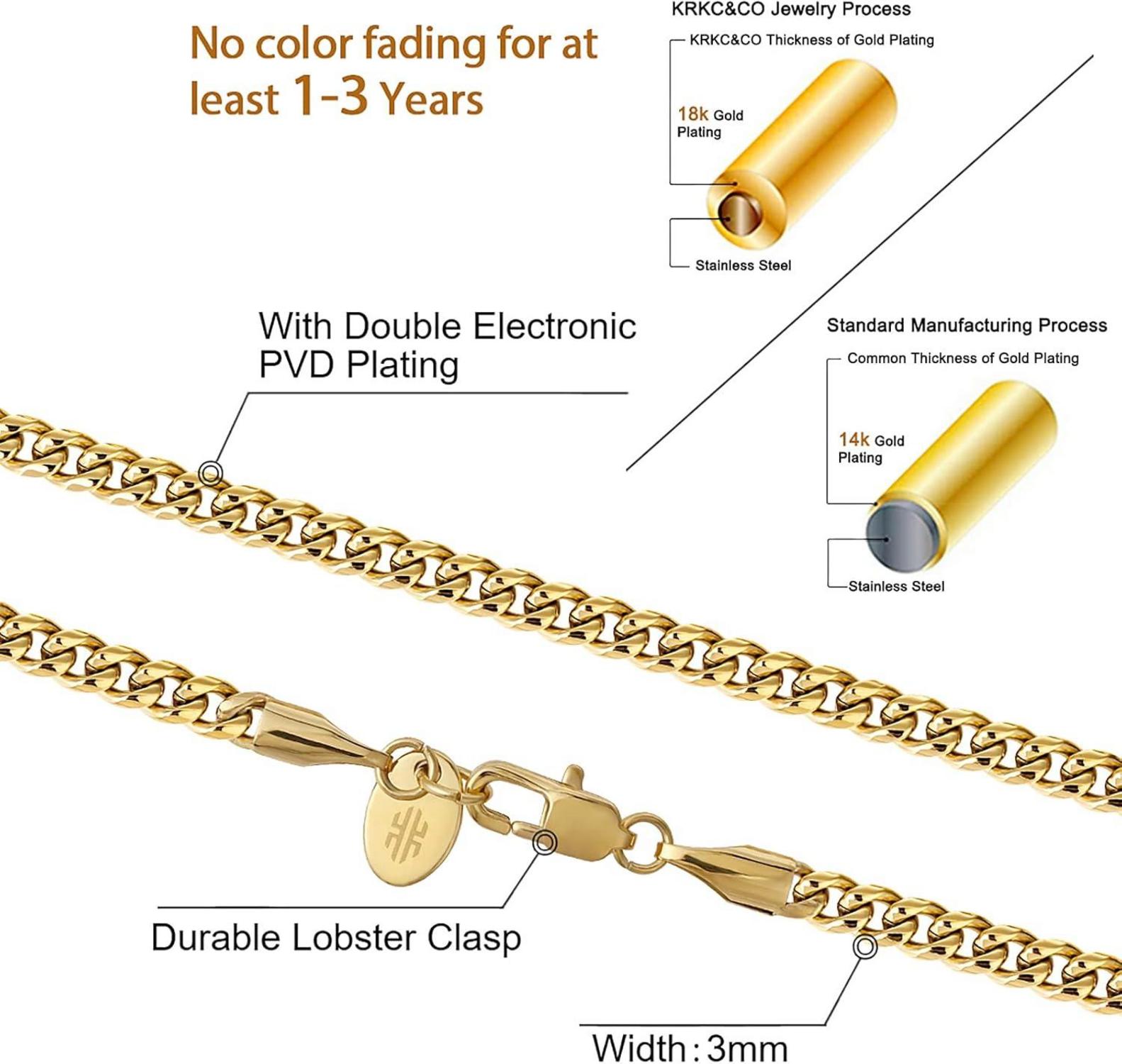 Herren Panzerkette Edelstahl 18K Gold Cuban Link 55,9cm 3mm