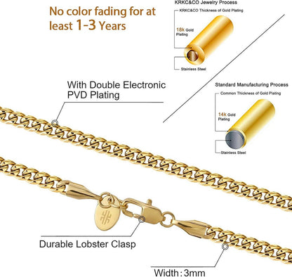 Herren Panzerkette Edelstahl 18K Gold Cuban Link 55,9cm 3mm