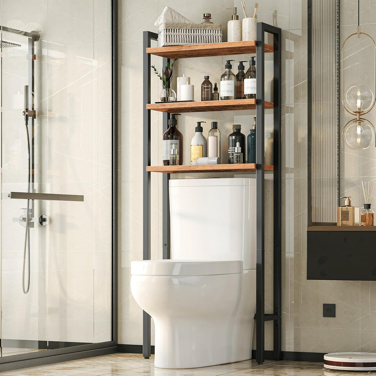 3-stöckiges Toilettenregal, platzsparend, Vintagebraun-Schwarz