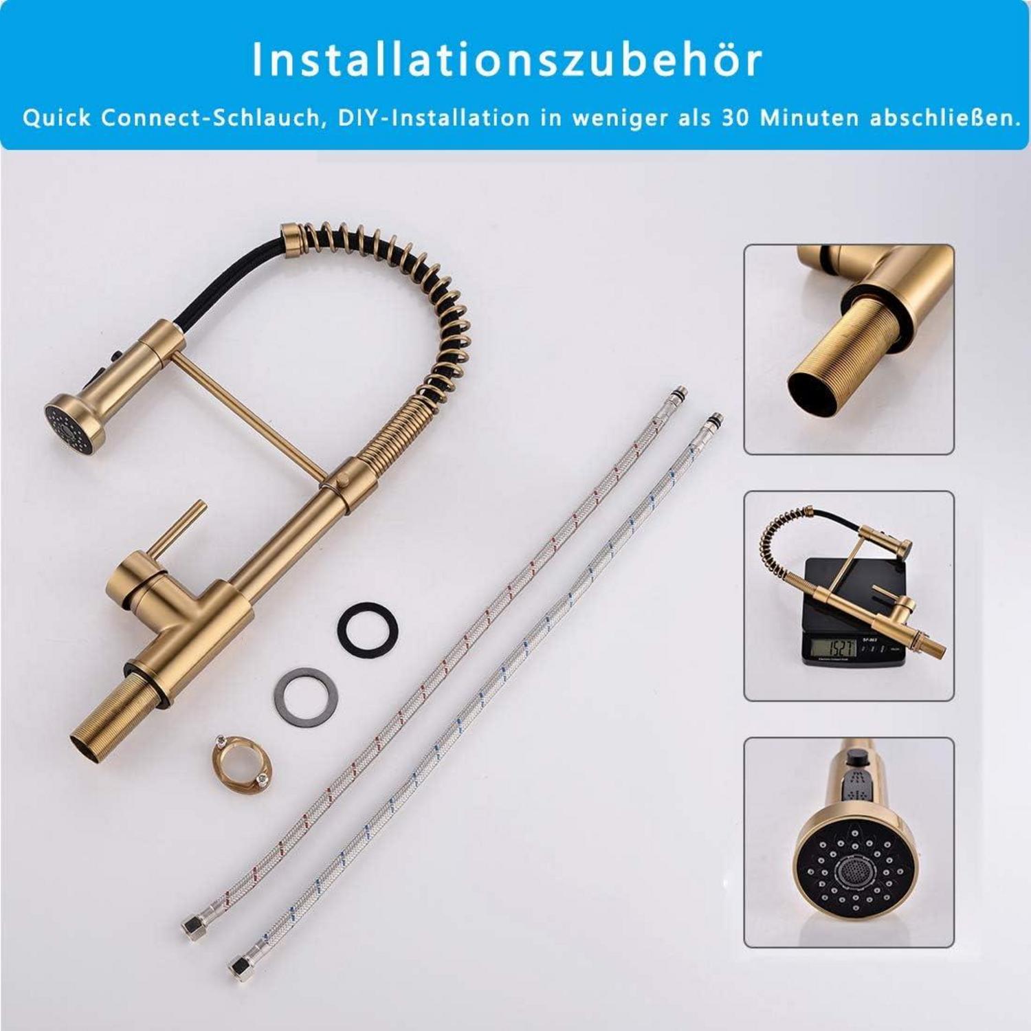 Gebürstetes Gold Küchenarmatur mit Pull-Down-Sprühgerät, 360° drehbar