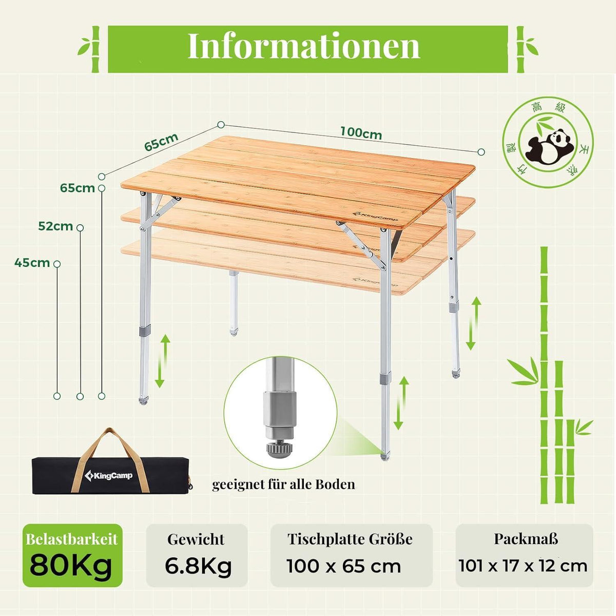 Höhenverstellbarer Bambus Campingtisch 100x65cm für 2-6 Personen