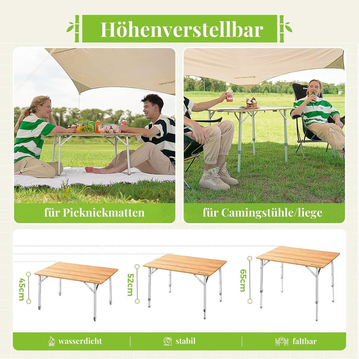 Höhenverstellbarer Bambus Campingtisch 100x65cm für 2-6 Personen