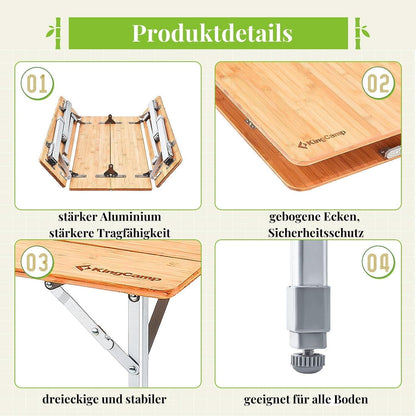Höhenverstellbarer Bambus Campingtisch 100x65cm für 2-6 Personen