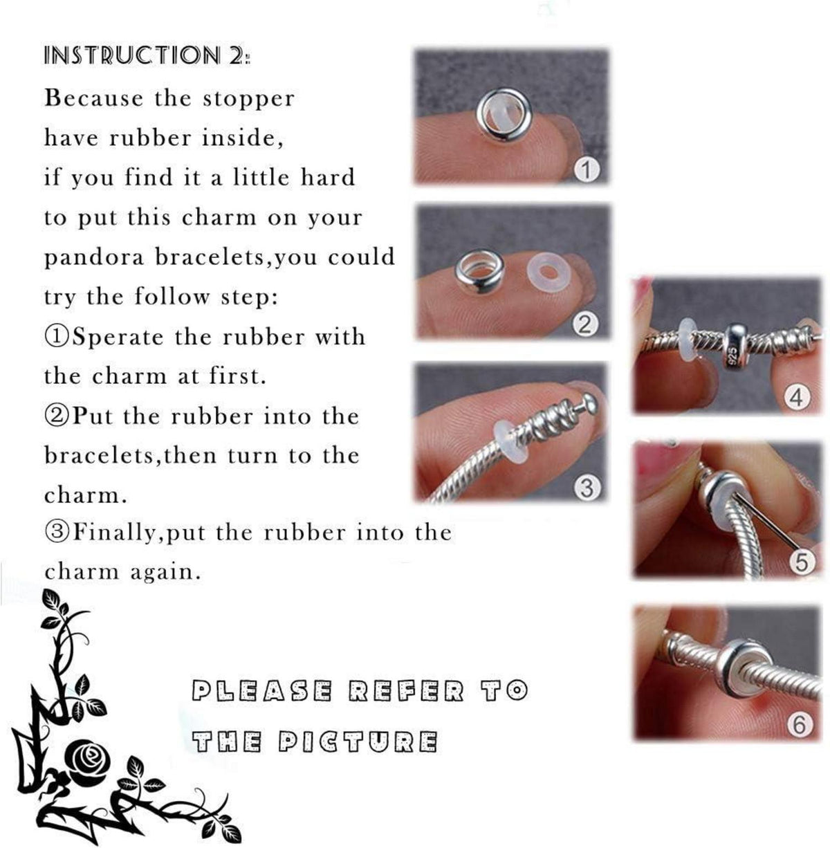 925 Sterling Silber Gummi Spacer Stopper Charm, 2er Set - Schwarz - ST014C