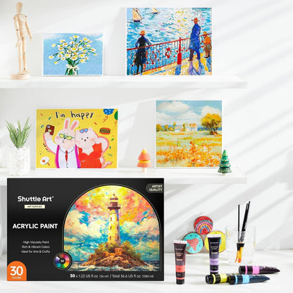 Shuttle Art Acrylfarben Set, 30 Farben je 36ml, 3 Pinsel, ungiftig, säurefrei, wasserfest, für Künstler, Anfänger, Erwachsene