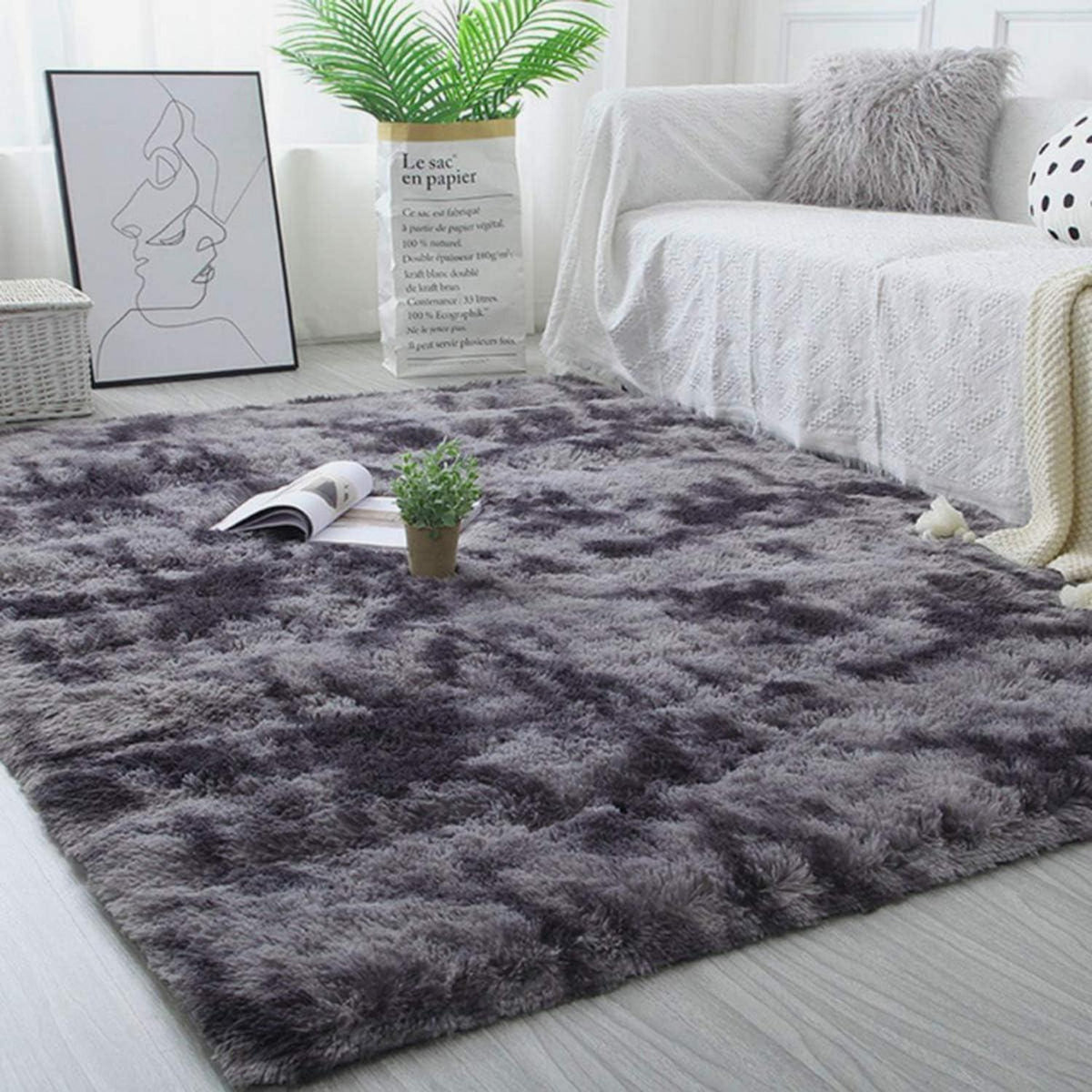 Flauschiger Zottelteppich Schwarz Grau 160x200cm – Weicher Schlafzimmerteppich