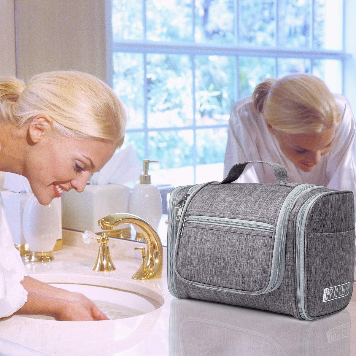 Große Kulturtasche zum Aufhängen, Reise-Waschtasche mit vielen Fächern, Grau