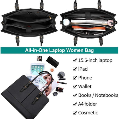 Große Damen Handtasche Schwarz Leder 15.6 Zoll Laptop