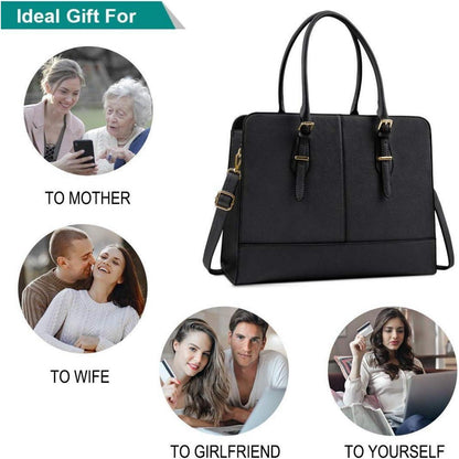 Große Damen Handtasche Schwarz Leder 15.6 Zoll Laptop