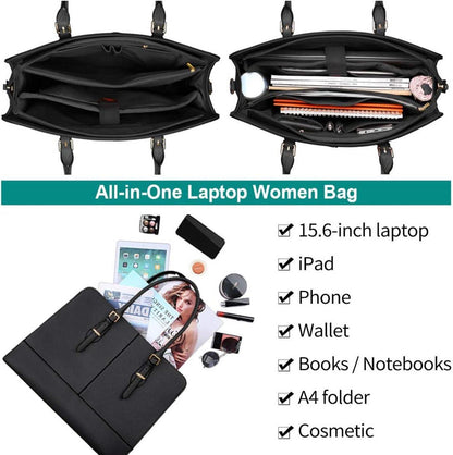 Große Damen Handtasche Schwarz Leder 15.6 Zoll Laptop