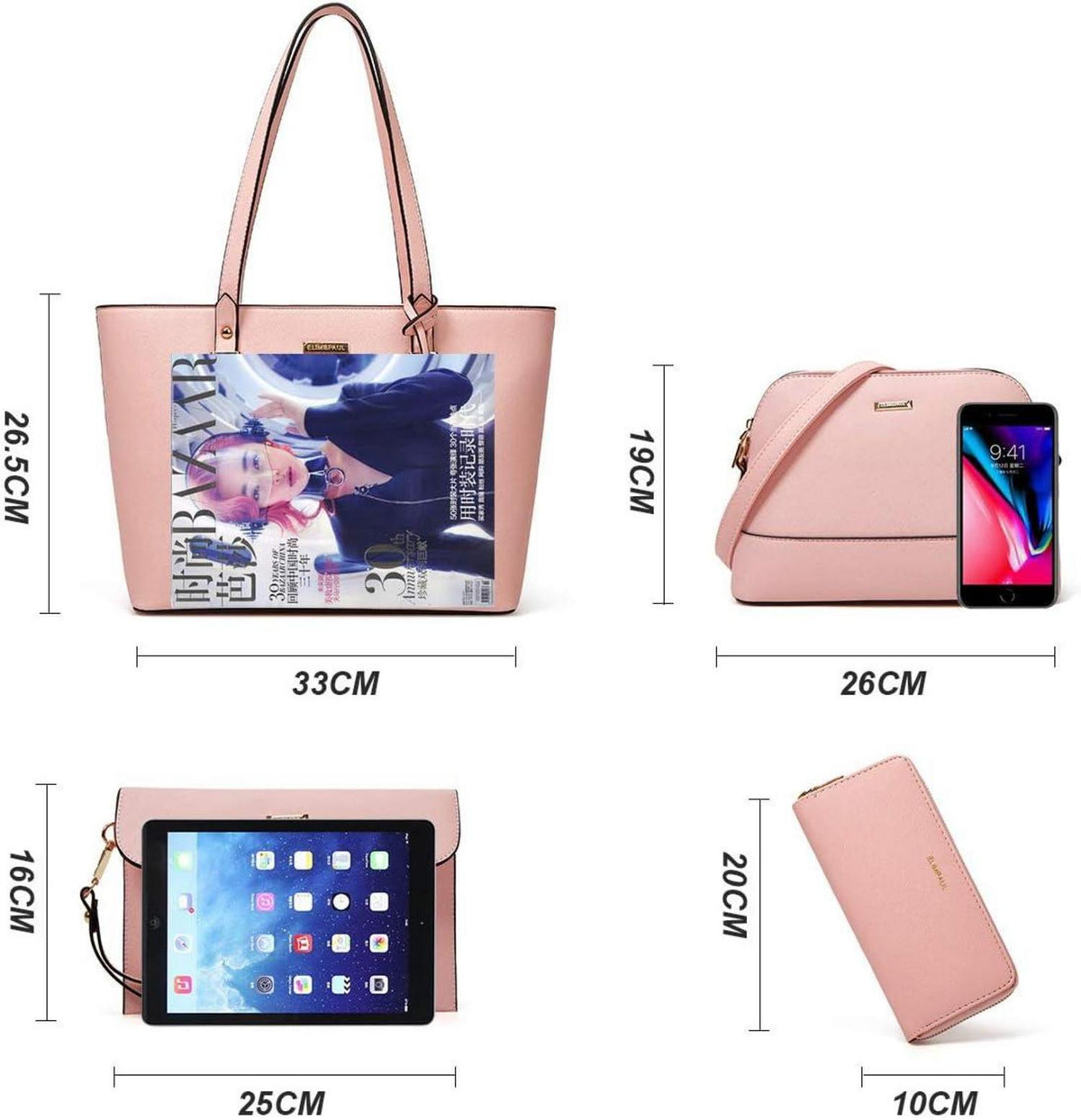 YTL Damen Handtasche Tote Shopper Schultertasche Umhängetasche 4-teilig Set Pink