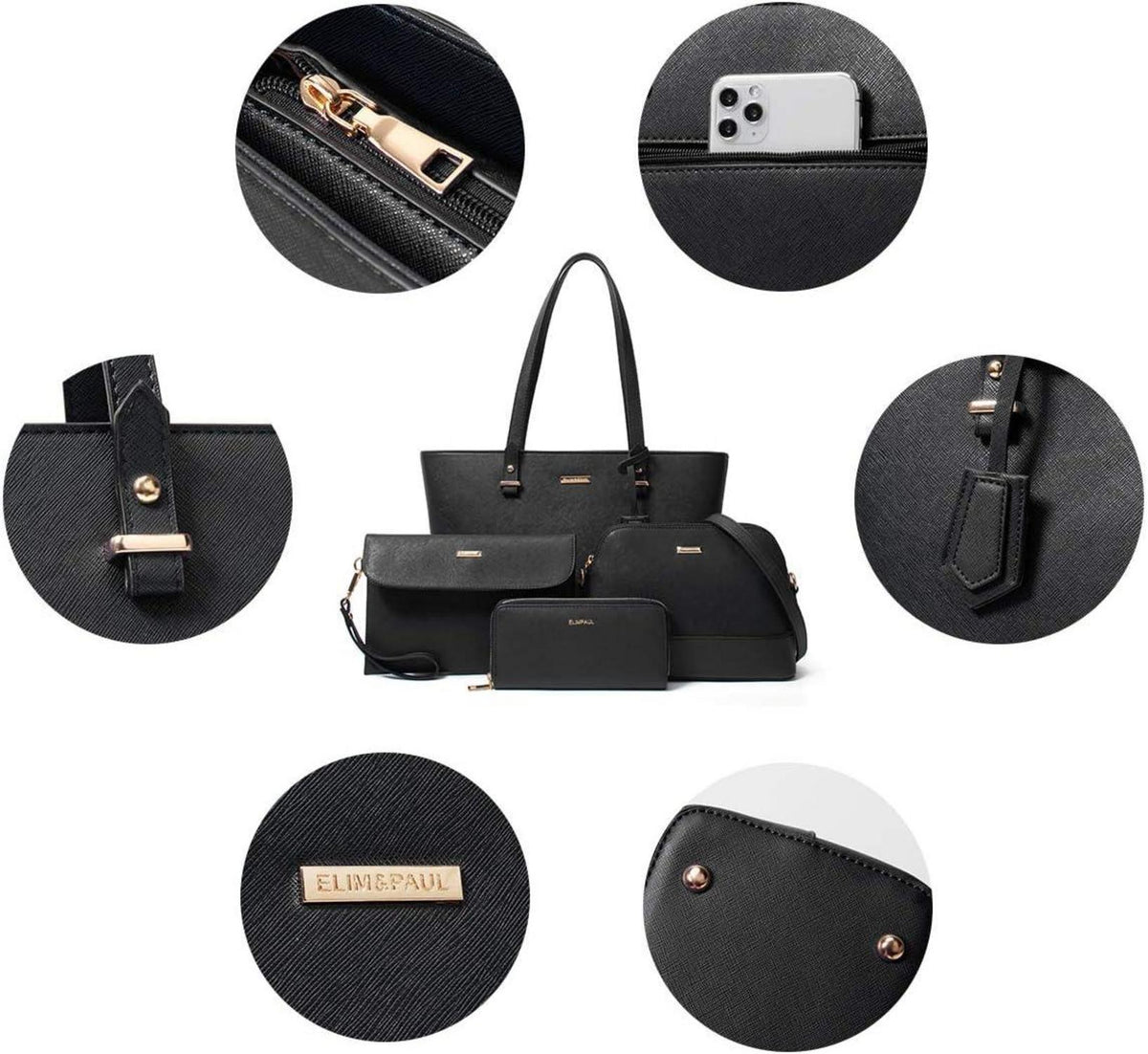 Damen Handtasche Shopper Schultertasche Umhängetasche 4-teilig Set Schwarz