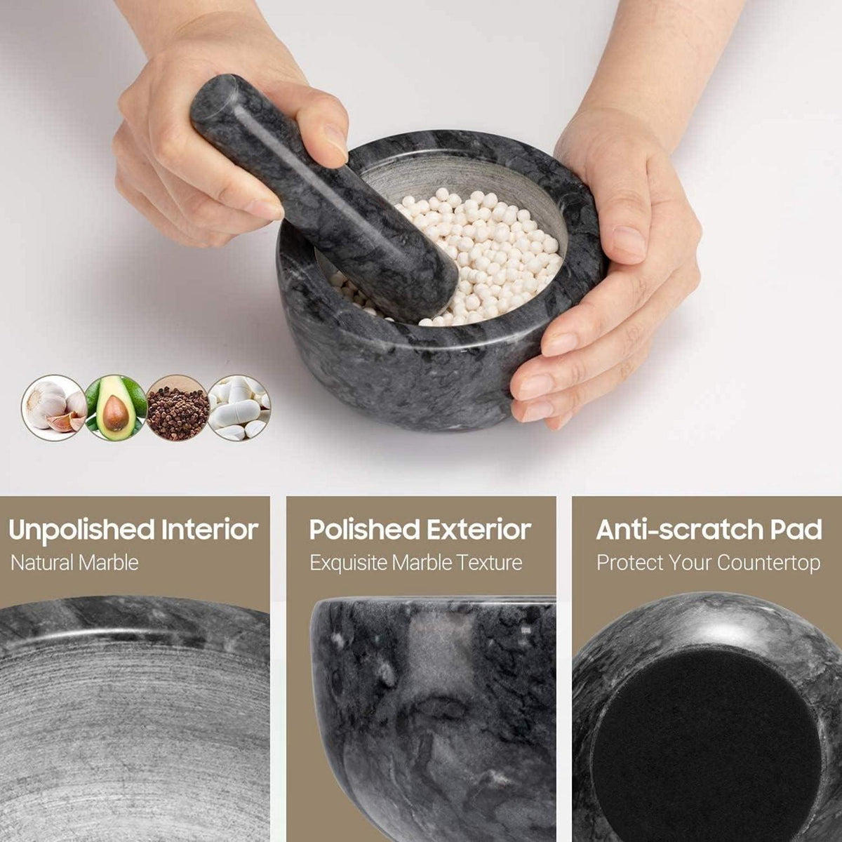 Marmor Mörser und Stößel Set 10cm - Küchenmühle Gewürzmühle Kräutermühle Schwarz