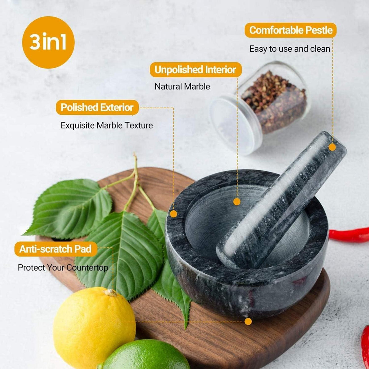 Marmor-Mörser- und Stößel-Set: Küchenmühle Naturmarmor 10cm Schwarz