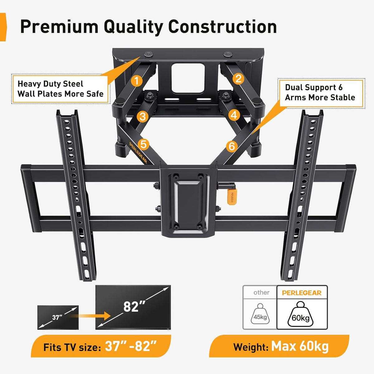 Perlegear TV Wandhalterung für 37-82 Zoll Bildschirme - Schwenkbar Neigbar Universal TV Halterung - Max VESA 600x400mm Schwarz