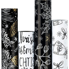 Weihnachts-Geschenkpapier Schwarz-Weiß-Gold 4 Rollen 76cm x