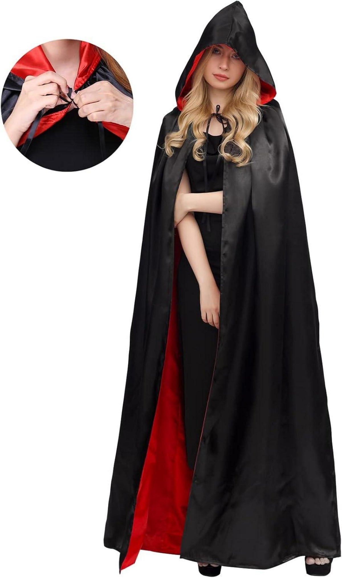Umhang mit Kapuze Schwarz Rot Vampir Halloween Erwachsene Kinder