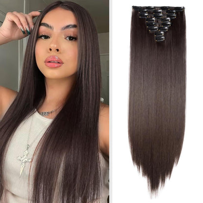 Dunkelbraune Clip-in Haarverlängerung – 66cm, 140g, 8 Tressen