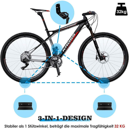 Fahrrad Wandhalterung 3-in-1 Aufhängung Schwarz 32KG