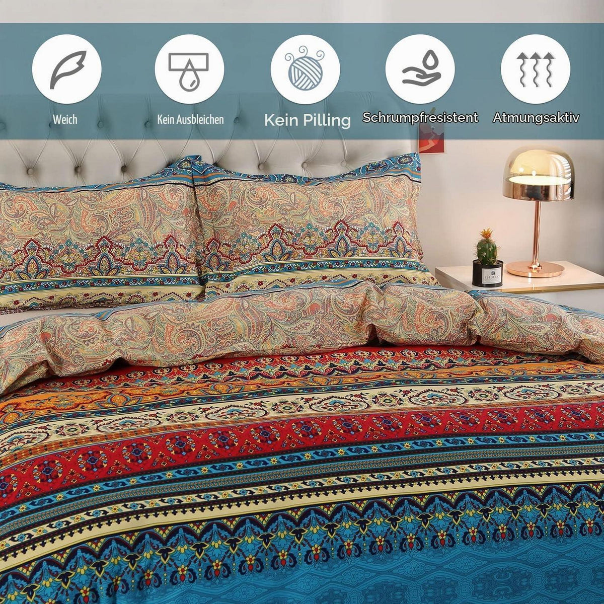 Bettwäsche-Set 220x240 Baumwolle, Ästhetisch Bunt Vintage Boho