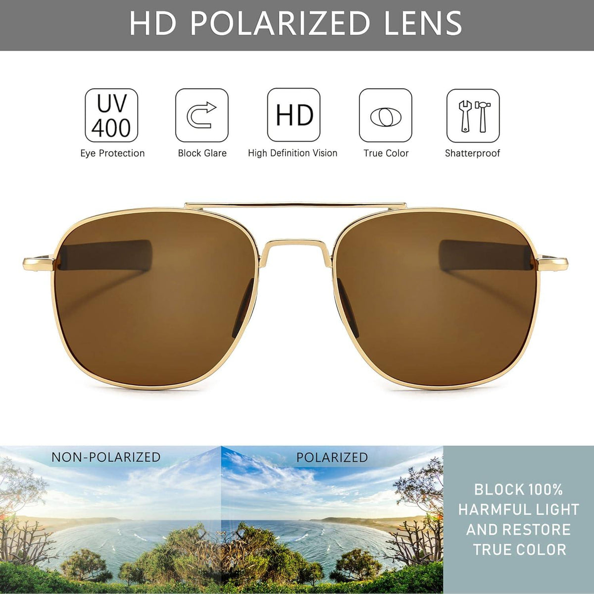 Polarisierte Militär Sonnenbrille Pilotenstil Gold/Braun