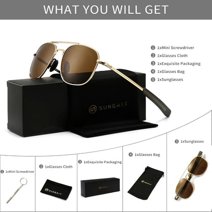 Herren Militär Sonnenbrille Polarisierte Pilot Style Gold Rahmen Braun