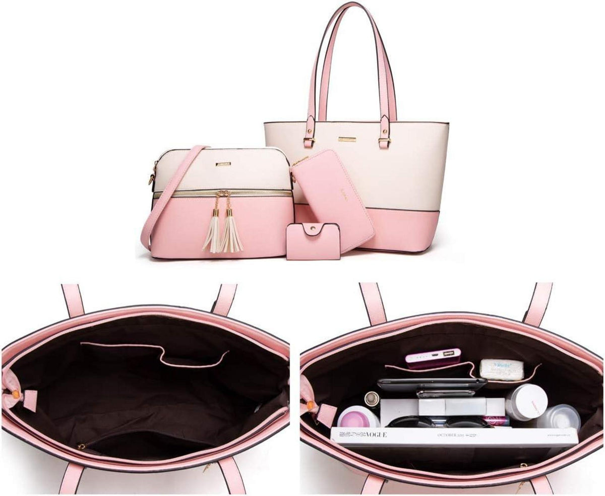 Damen Handtasche Tote Shopper Groß 4-teiliges Set Beige-rosa