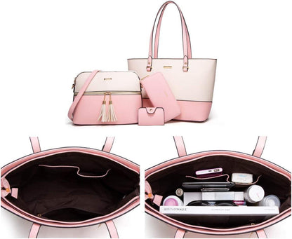 Damen Handtasche Tote Shopper Groß 4-teiliges Set Beige-rosa