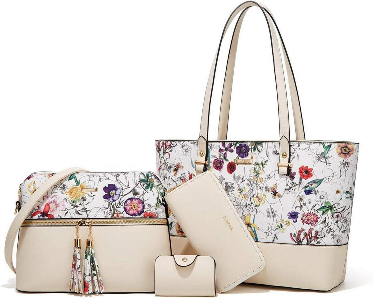 Damen Handtasche Tote Shopper Umhängetasche 4-teiliges Set Beigefl
