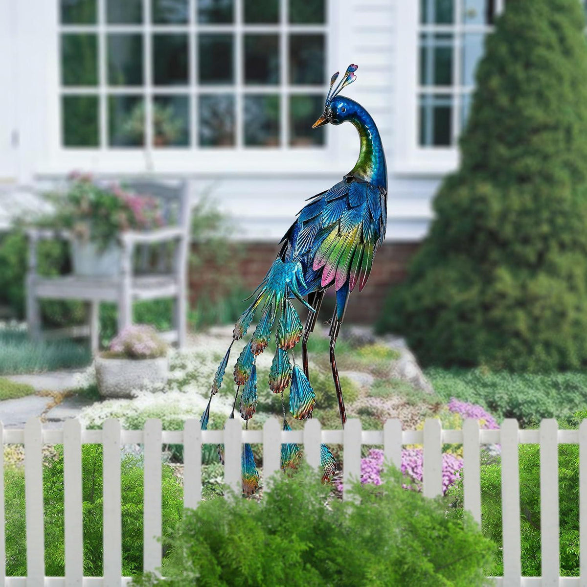 Gartendeko Pfau Figur Metall 57cm Wetterfest Terrasse Balkon Hof