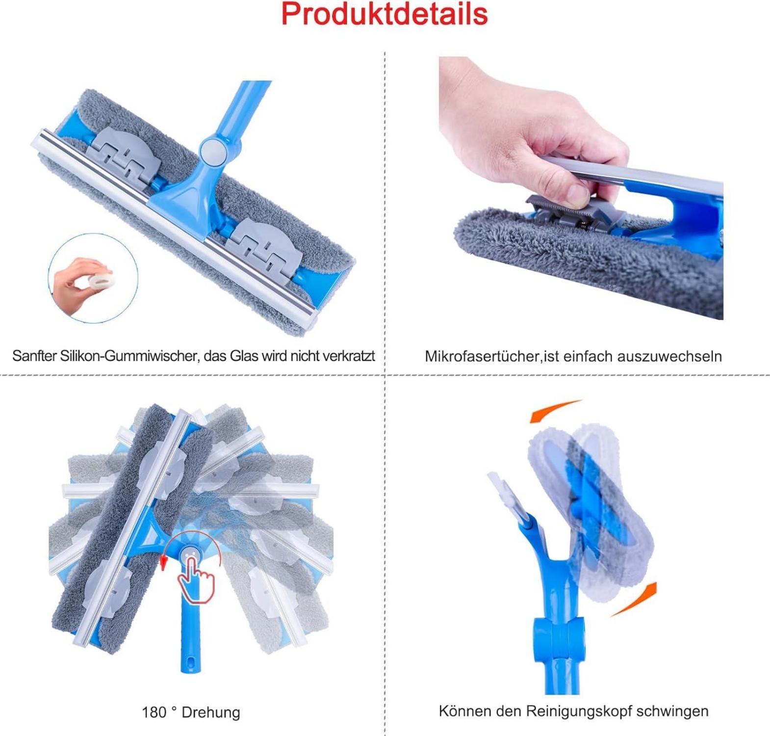 Teleskop Fensterwischer Abzieher Set 31cm 180° drehbar mit Verlängerungsstange