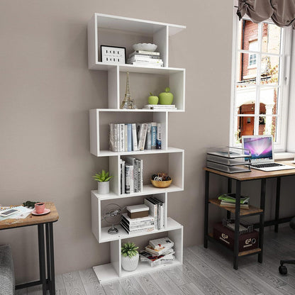 Weißes Bücherregal 6-Ebenen, S-Form, 70x24x190.5 cm