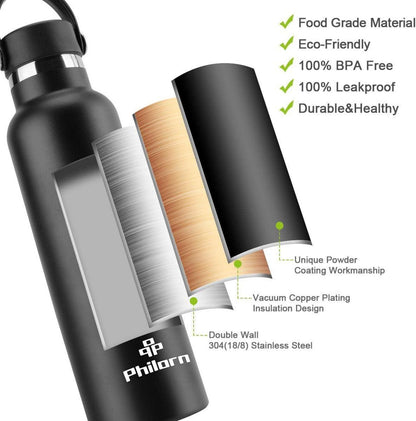 Philorn 1000ML Thermosflasche Rostfreier Stahl Isolierflasche schwarz