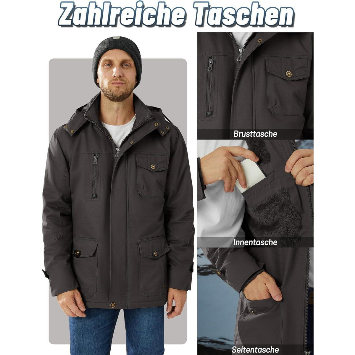 Herren Winterparka mit Kapuze & Cargo Taschen Dunkelgrau