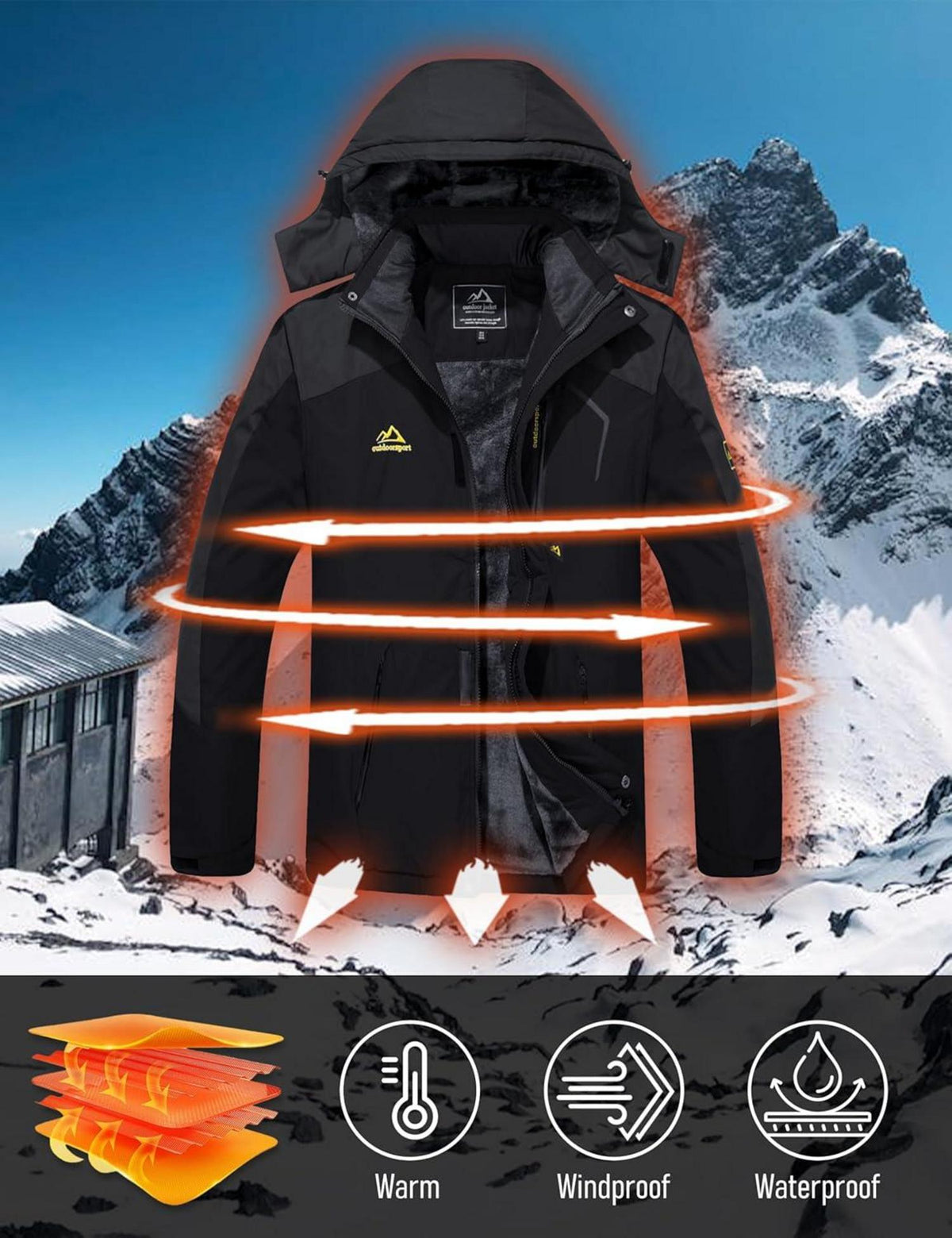 Herren Winter Skijacke Fleece Softshelljacke Wasserdicht Schwarz-Grau