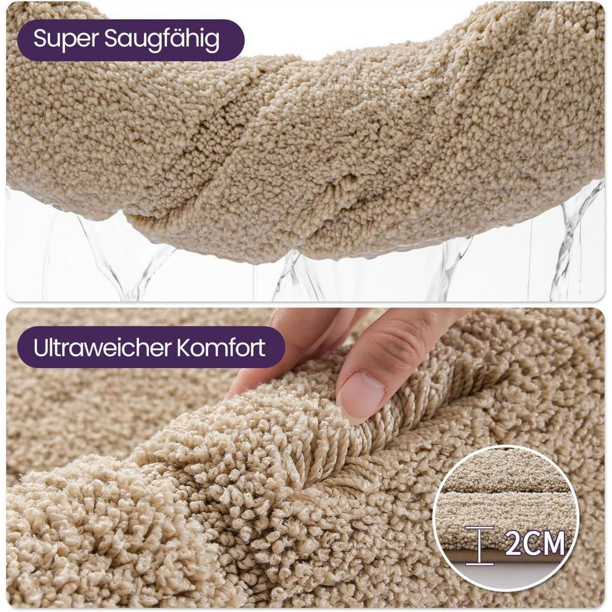 Rutschfeste Badematte Mikrofaser Beige 60x90 cm