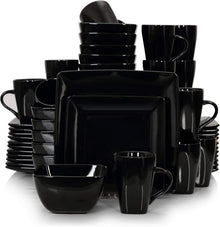 Tafelservice Steinzeug Set 48 teilig eckig Schwarz