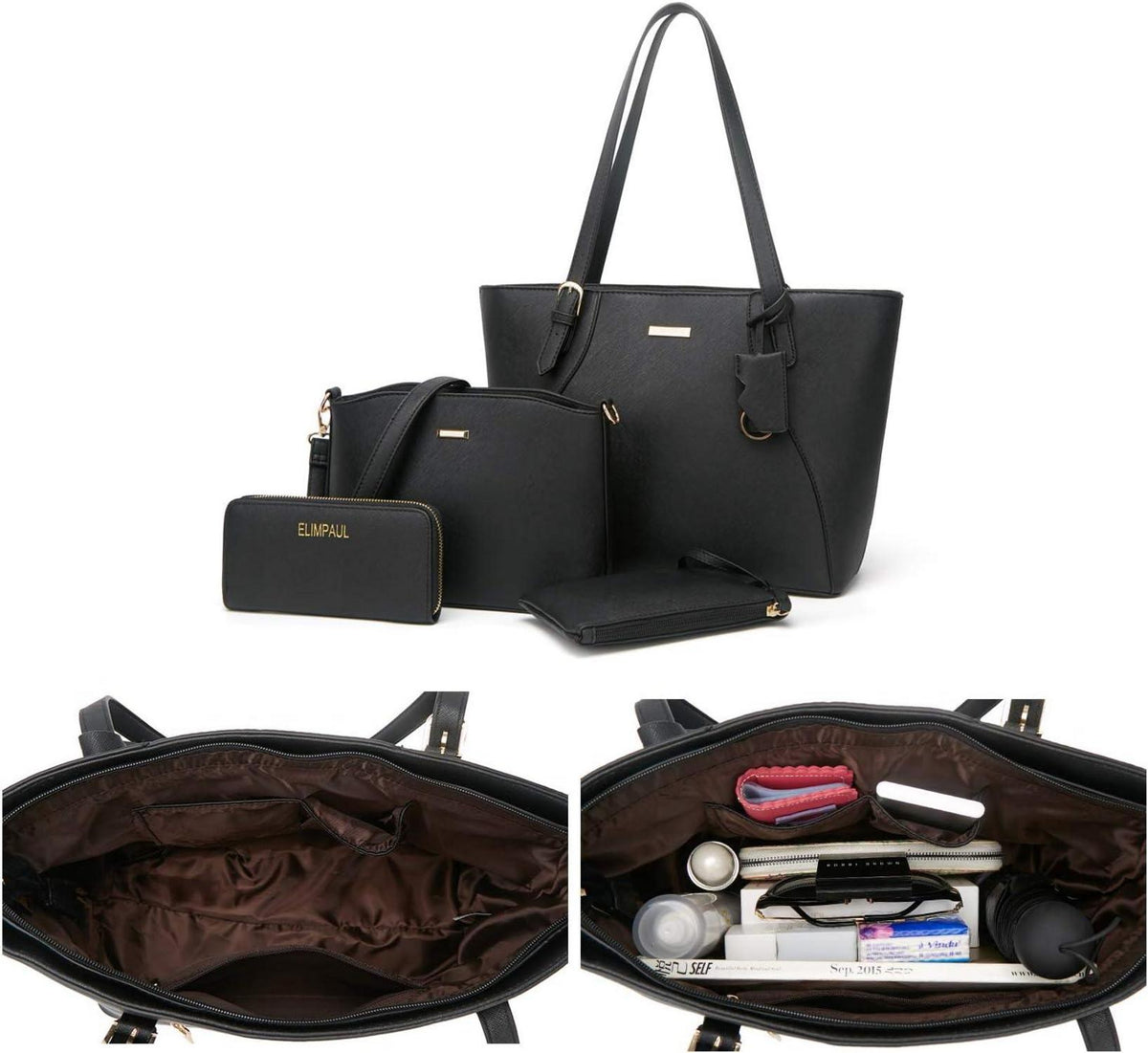 Damen Handtasche Tote Shopper Set Schultertasche Geldbörse Schwarz