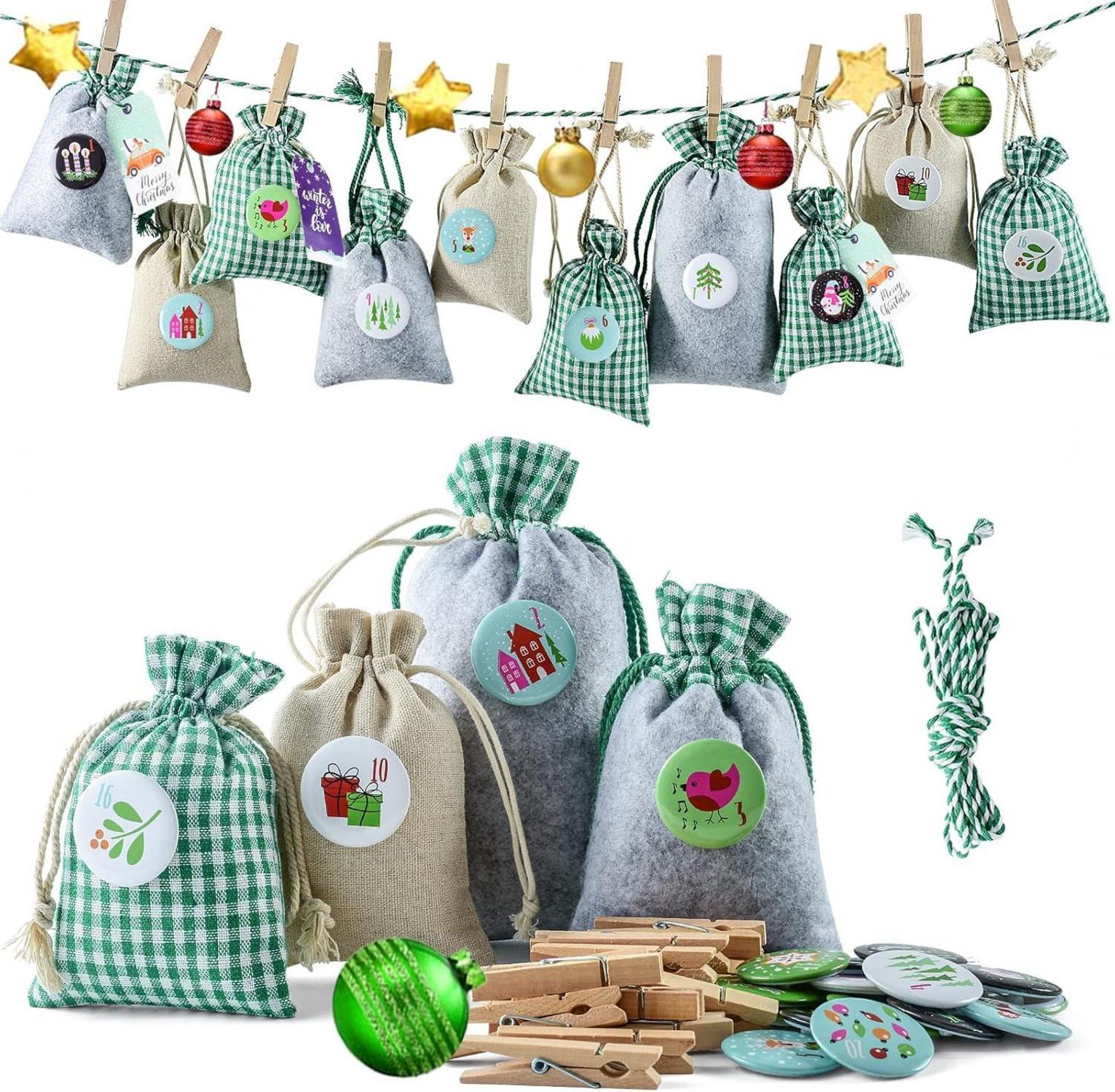 Adventskalender zum Befüllen mit 24 DIY Buttons, Stoffbeutel und Kette