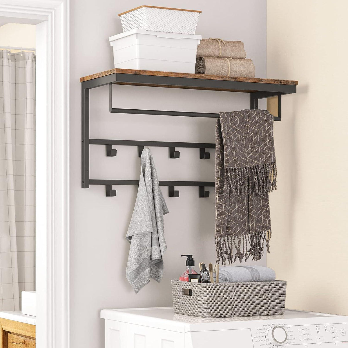 Wandgarderobe mit Ablage und 10 Haken, Dunkelbraun + Schwarz